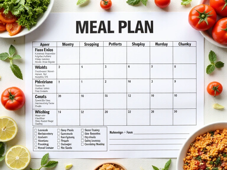 A beautifully arranged personalized meal plan document with various healthy food images, a shopping list, and nutritional facts clearly visible.