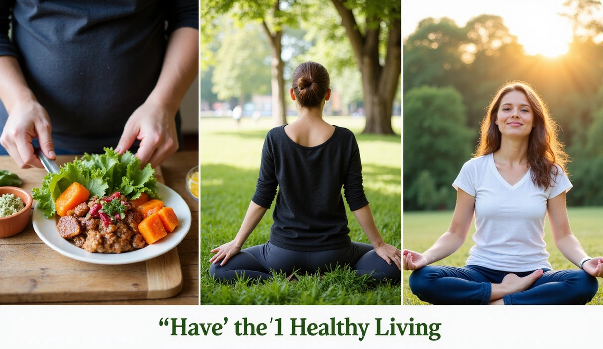 A collage of healthy living images: a person cooking a vibrant meal, someone doing yoga in a park, and a person meditating peacefully, all conveying a sense of well-being and balance.