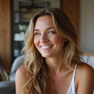 Smiling client B, a woman in her late 20s, in a cozy indoor setting